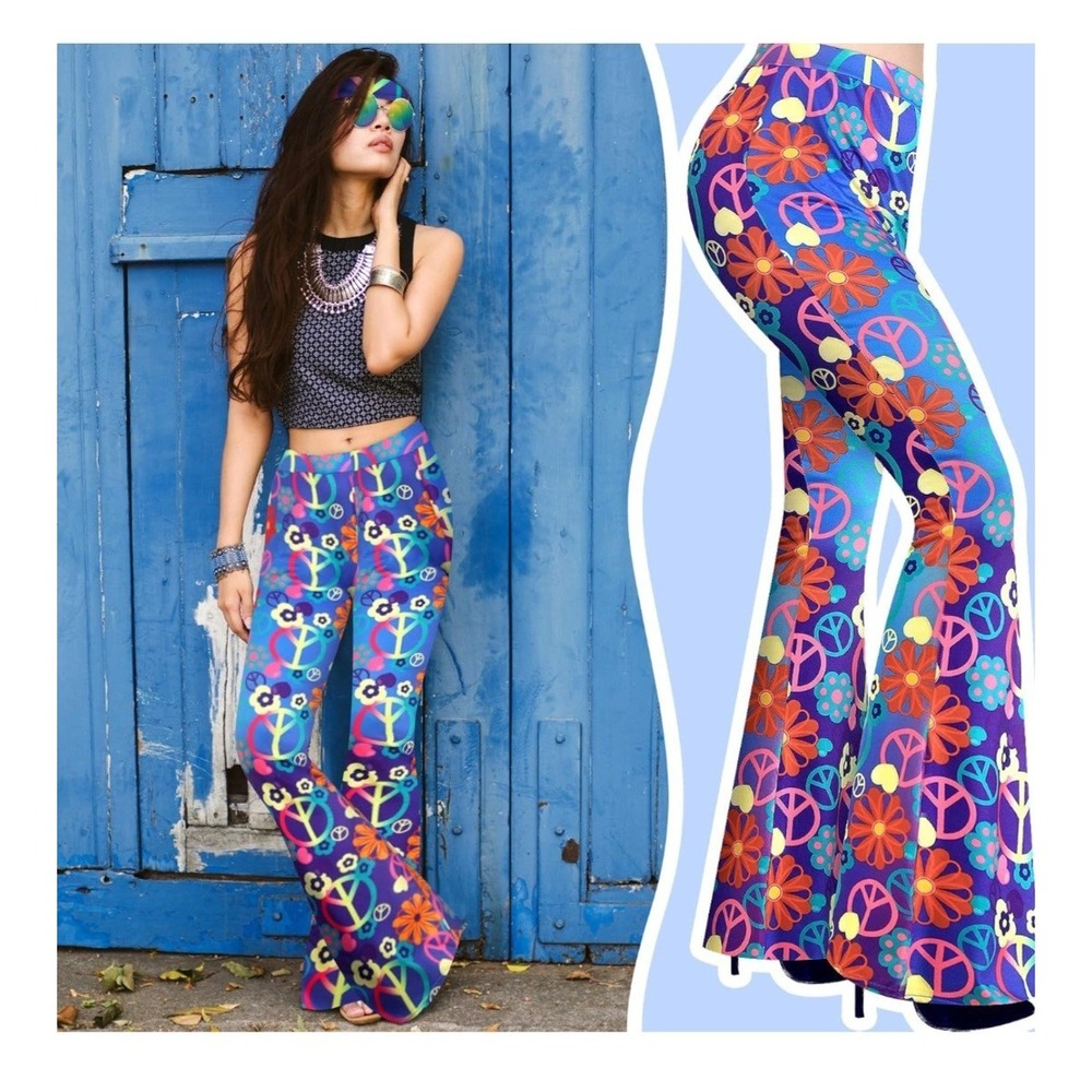 Groovy 60's Flower Power Hippie Bell‎ Bottom Pants And Glass Adult Costume XL - Picture 2 of 8